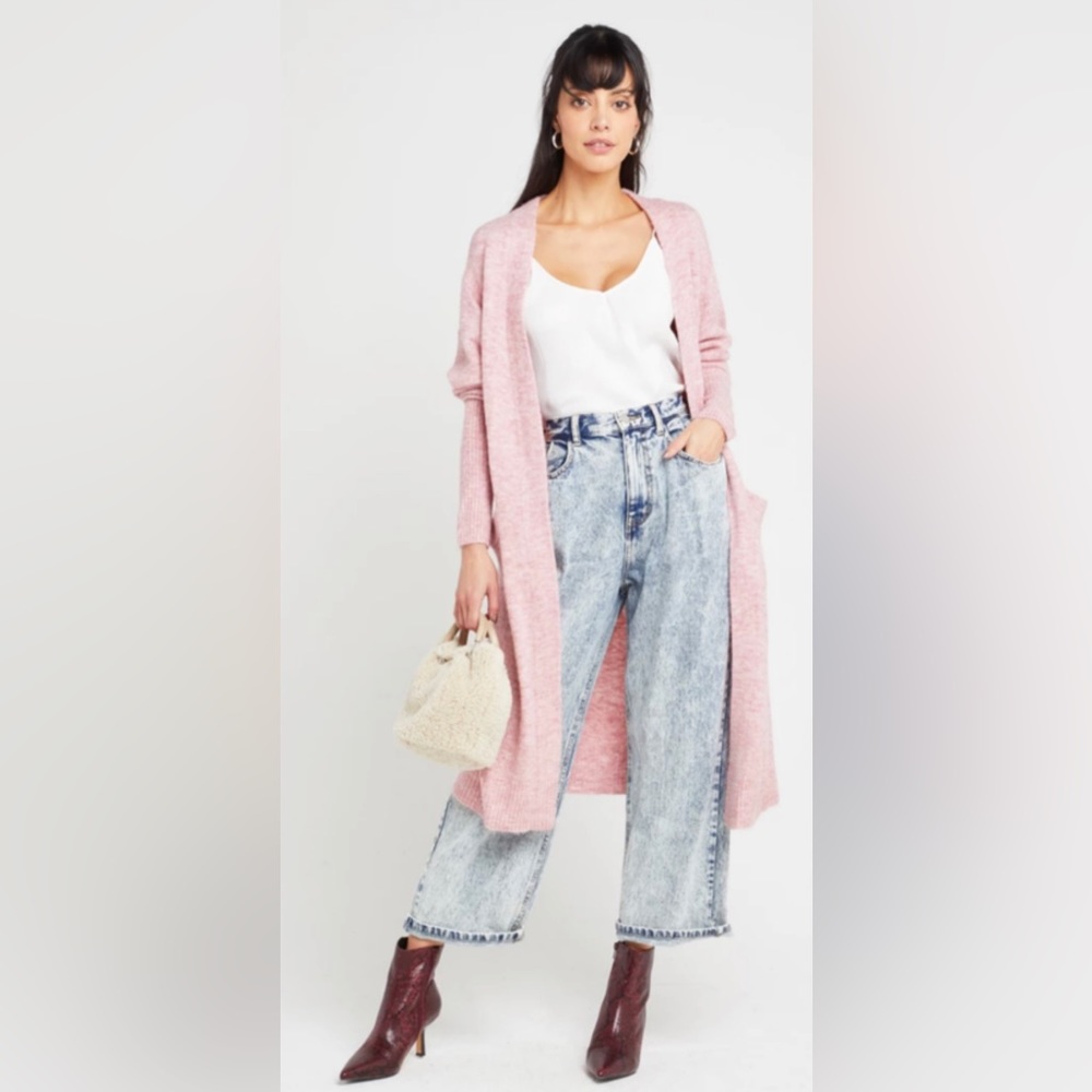 CAARA Women Pink Longline Maxi Cozy Cardigan Sweater with Pockets Size L